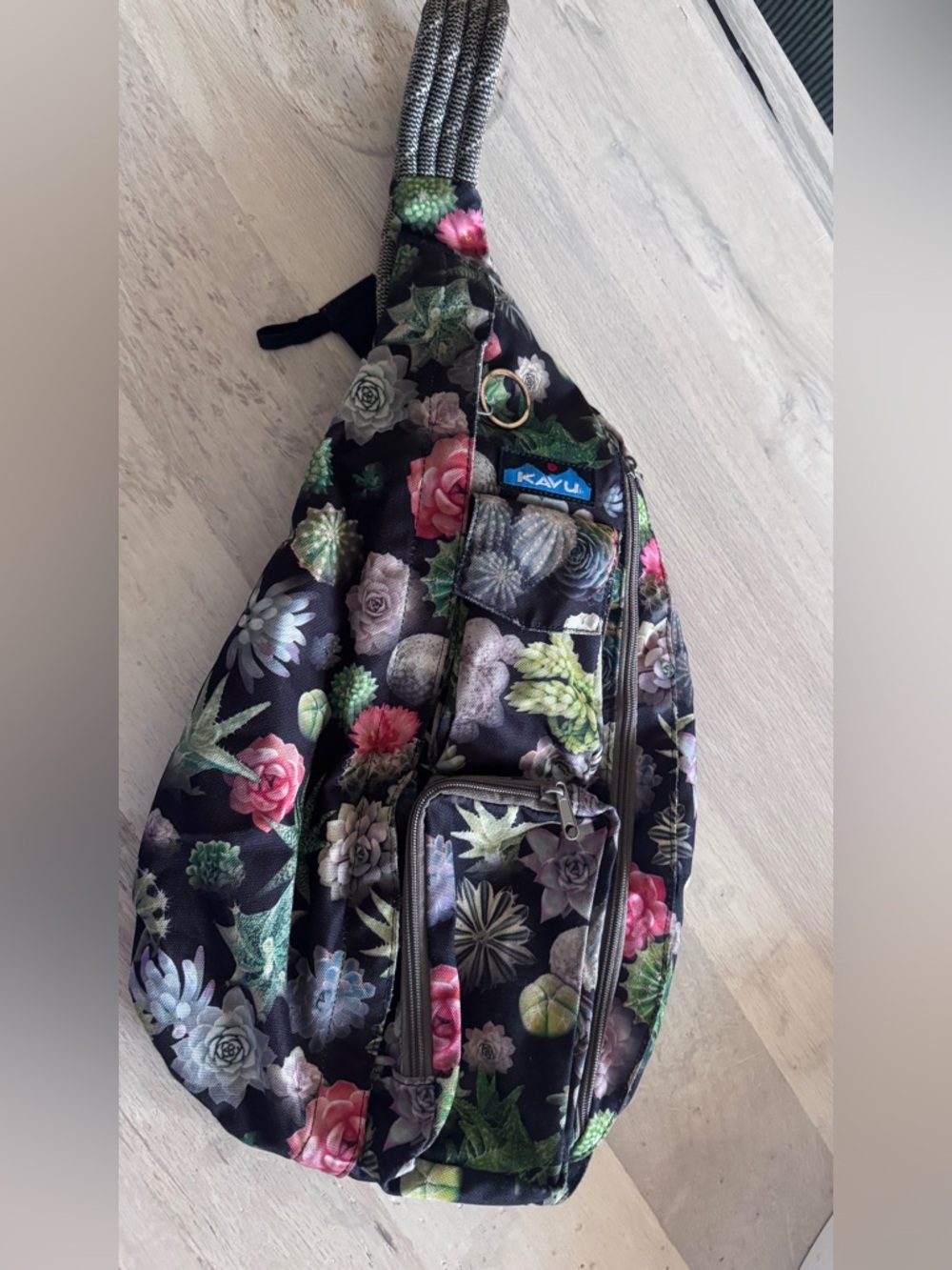 Kavu Black Floral Succulent Rope Sling Bag